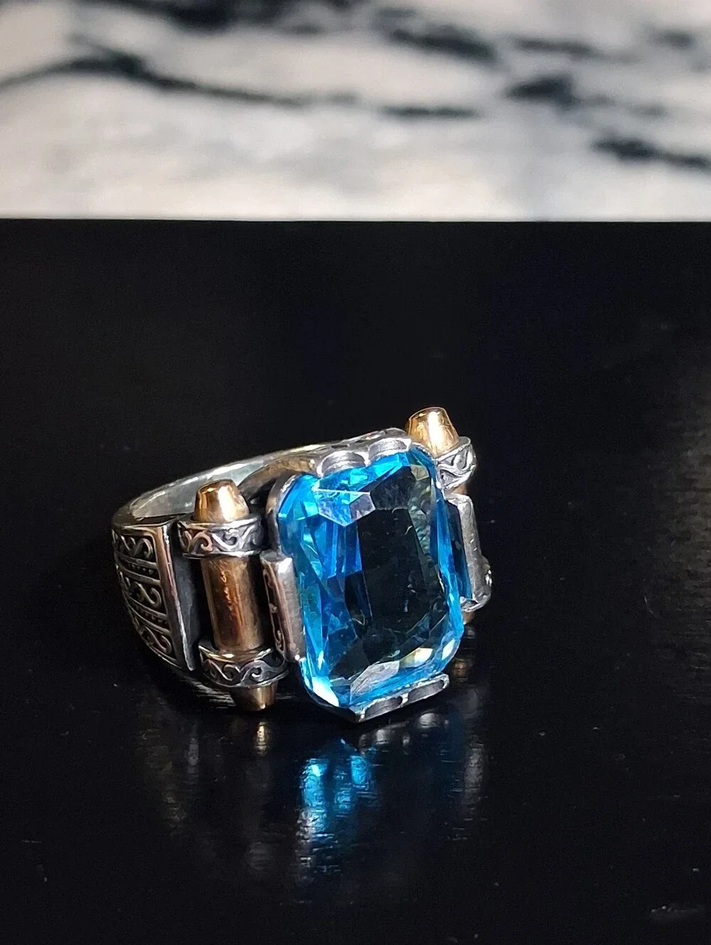 Mixed Metal Blue Gemstone Sterling Silver Ring Unisex 16 Grams Size 9